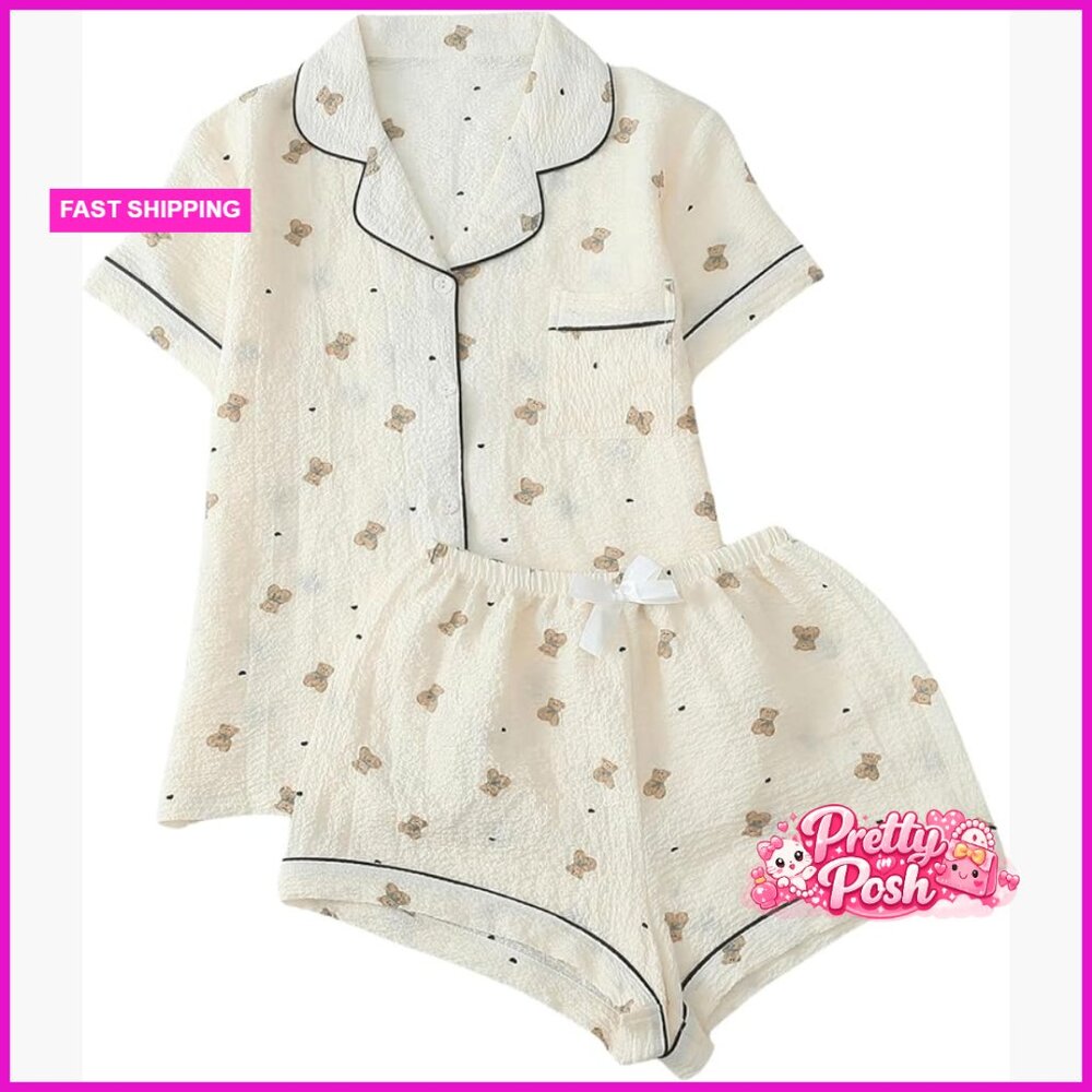 Polyester Blend Short Sleeve Button Down Pajama S… - image 1